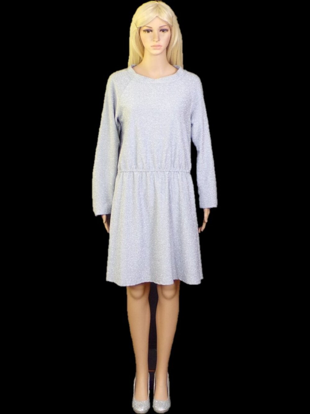 P!PHANY size S silver-metallic long-sleeve fit/flare dress polyestr/lurex/spandx